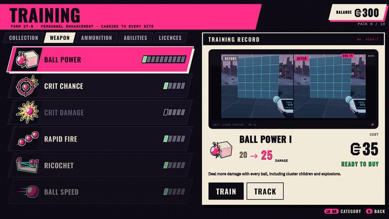 The training console, with Ball Power selected